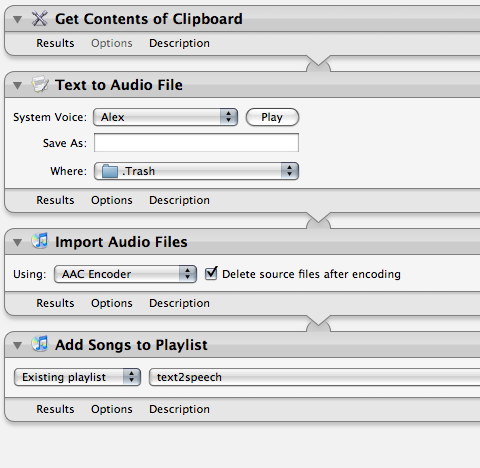 Automator Workflow to Send Text to iTunes as Speech